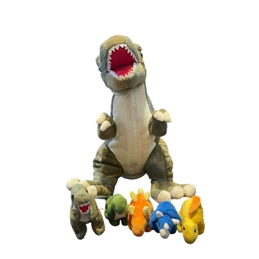 Prextex T-Rex Dinosaur Plush Stuffed Animal Set with Tummy Zip Carrier 5 Babies